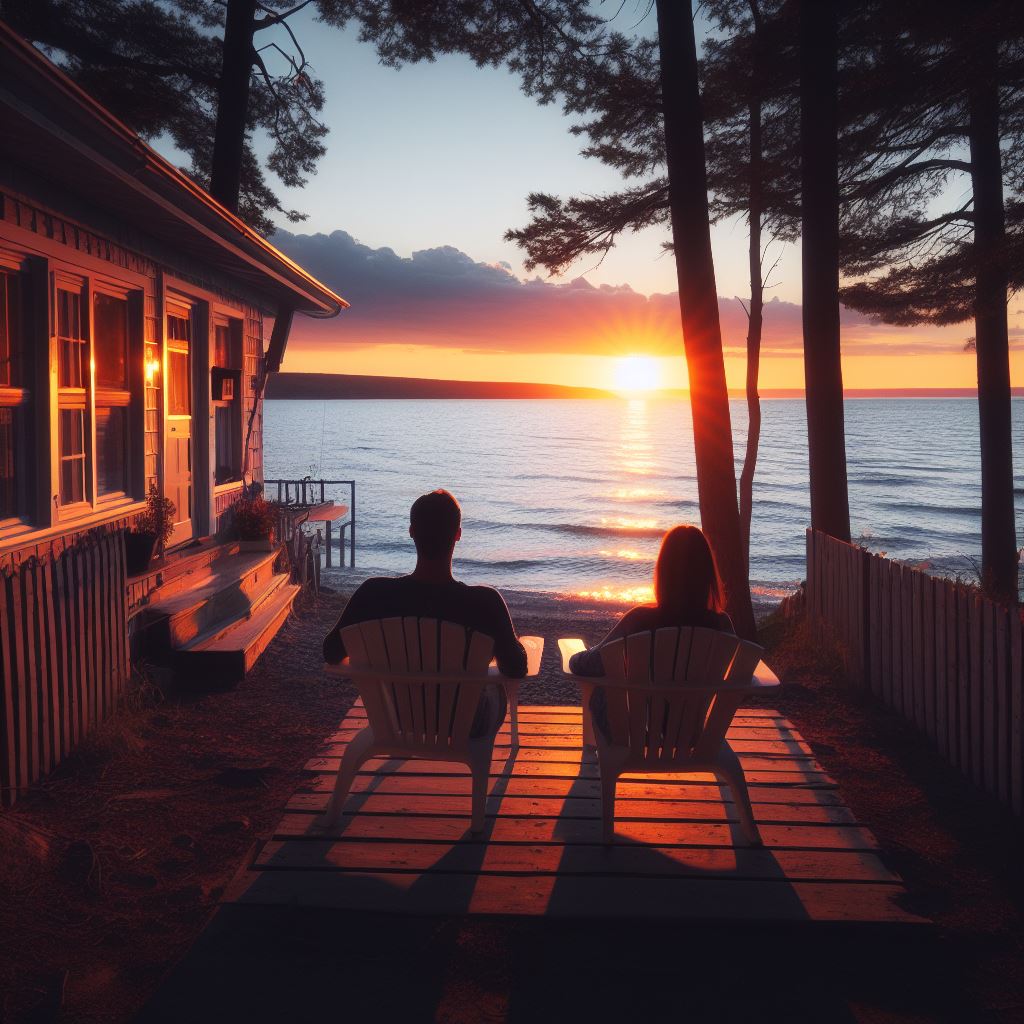 a couple watching sunset from a cottage rental in wasaga beach